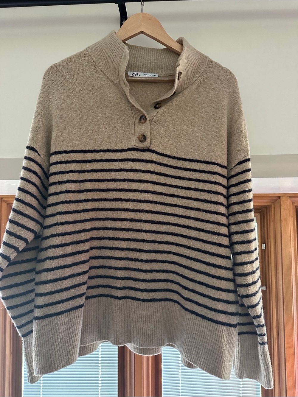 Zara Tan Sweater with Black Stripes and Button Neck